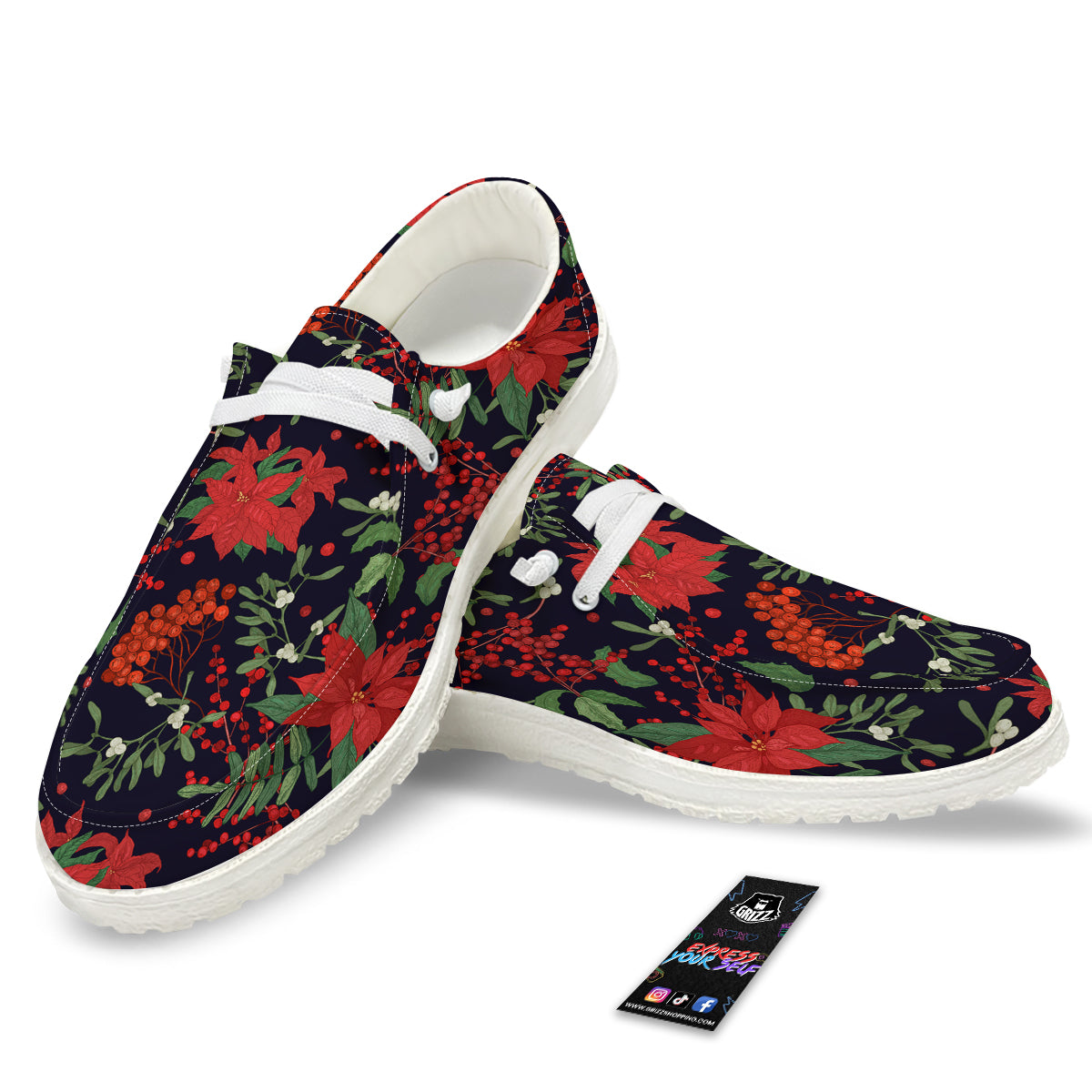 Poinsettia Xmas Print Pattern White Loafers-grizzshop