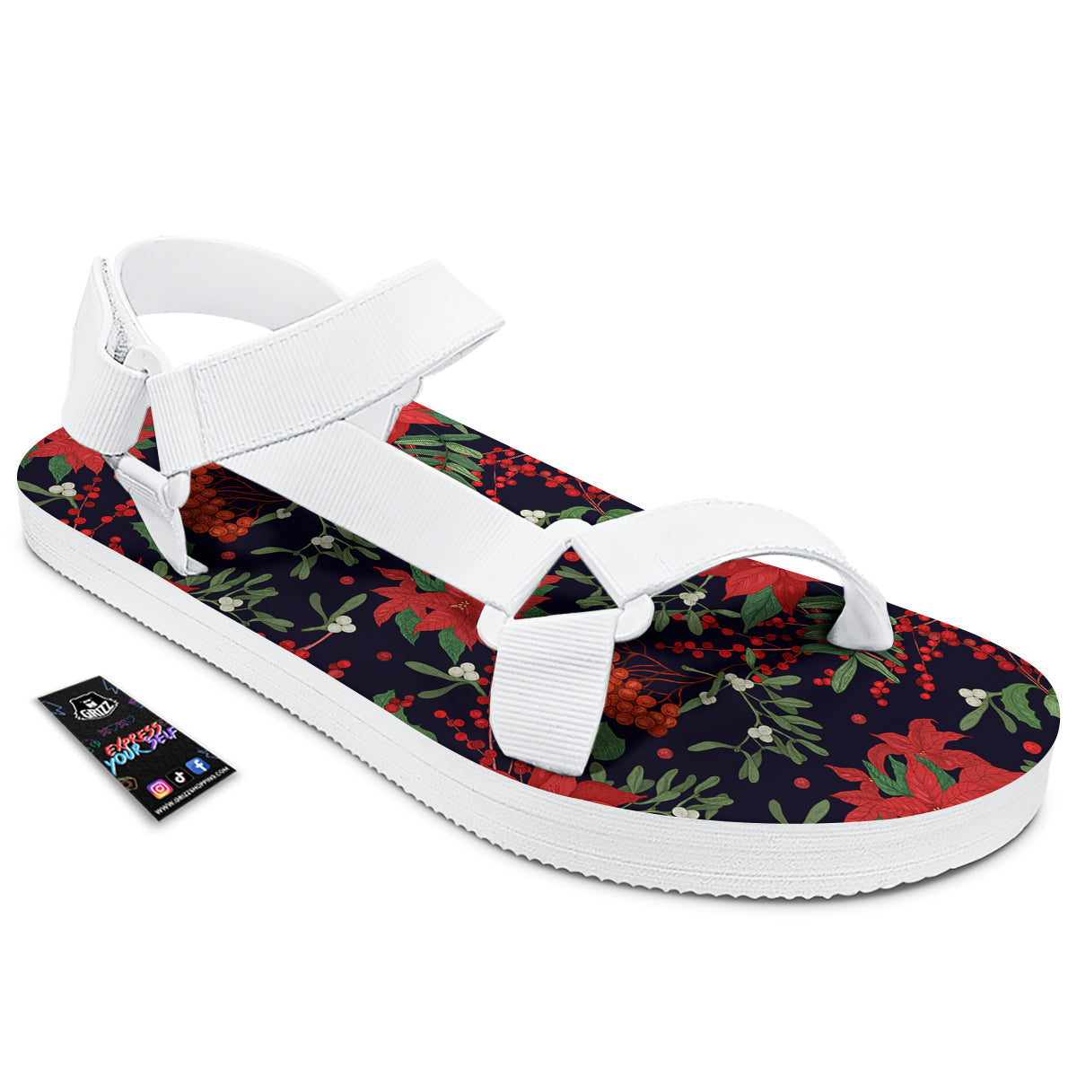 Poinsettia Xmas Print Pattern White Open Toe Sandals-grizzshop