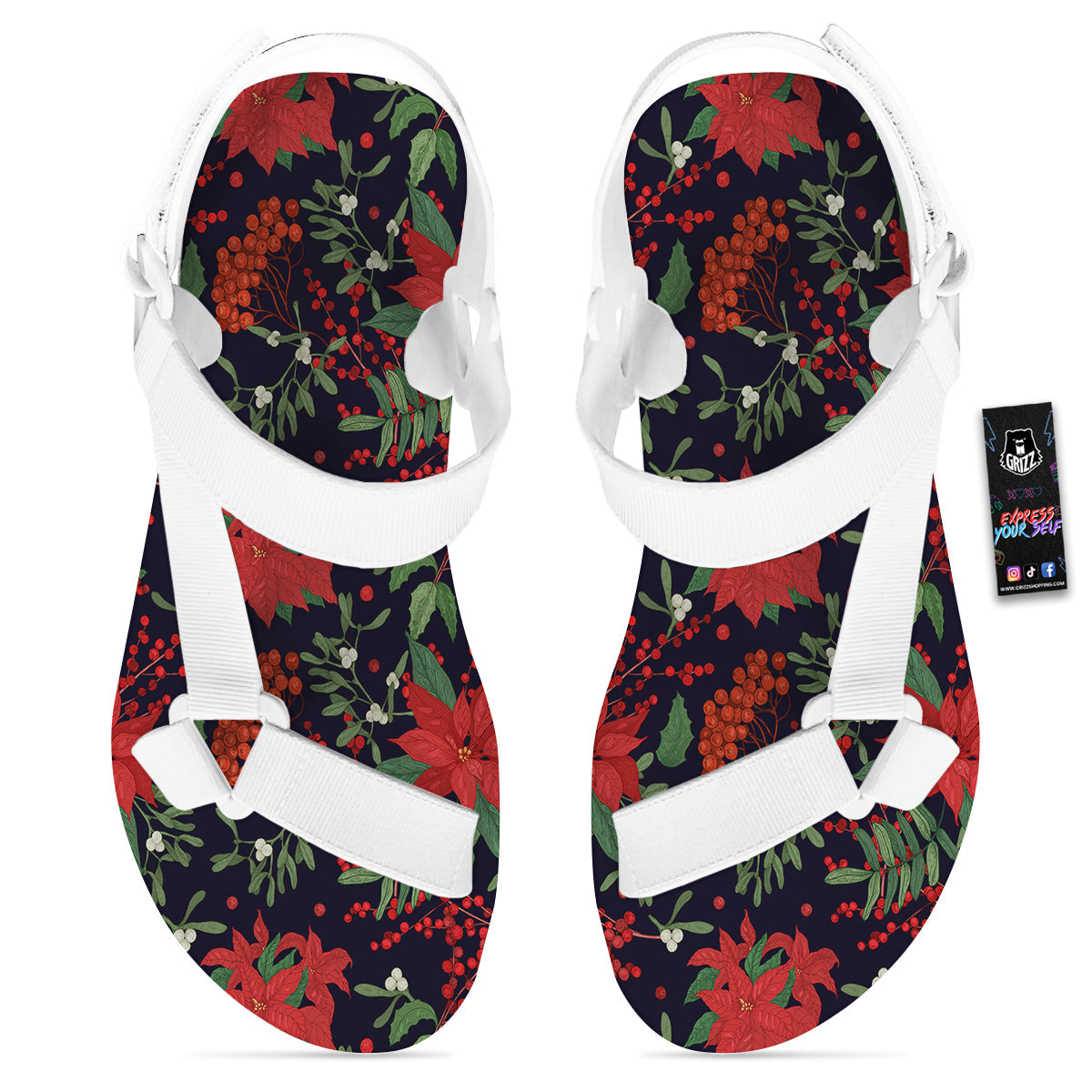 Poinsettia Xmas Print Pattern White Open Toe Sandals-grizzshop