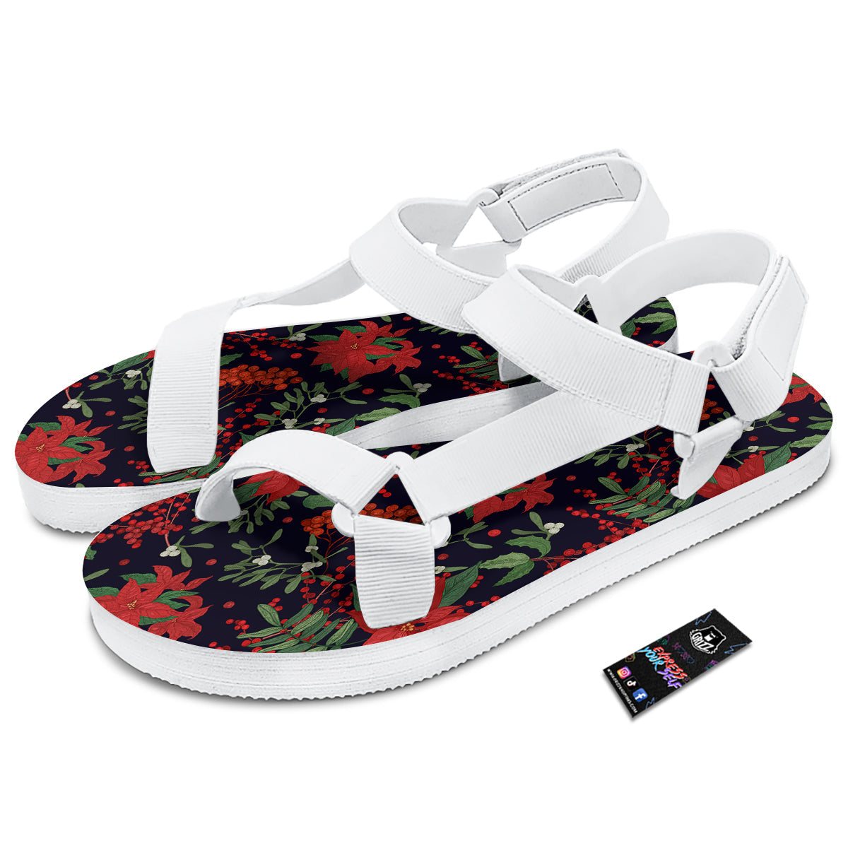 Poinsettia Xmas Print Pattern White Open Toe Sandals-grizzshop