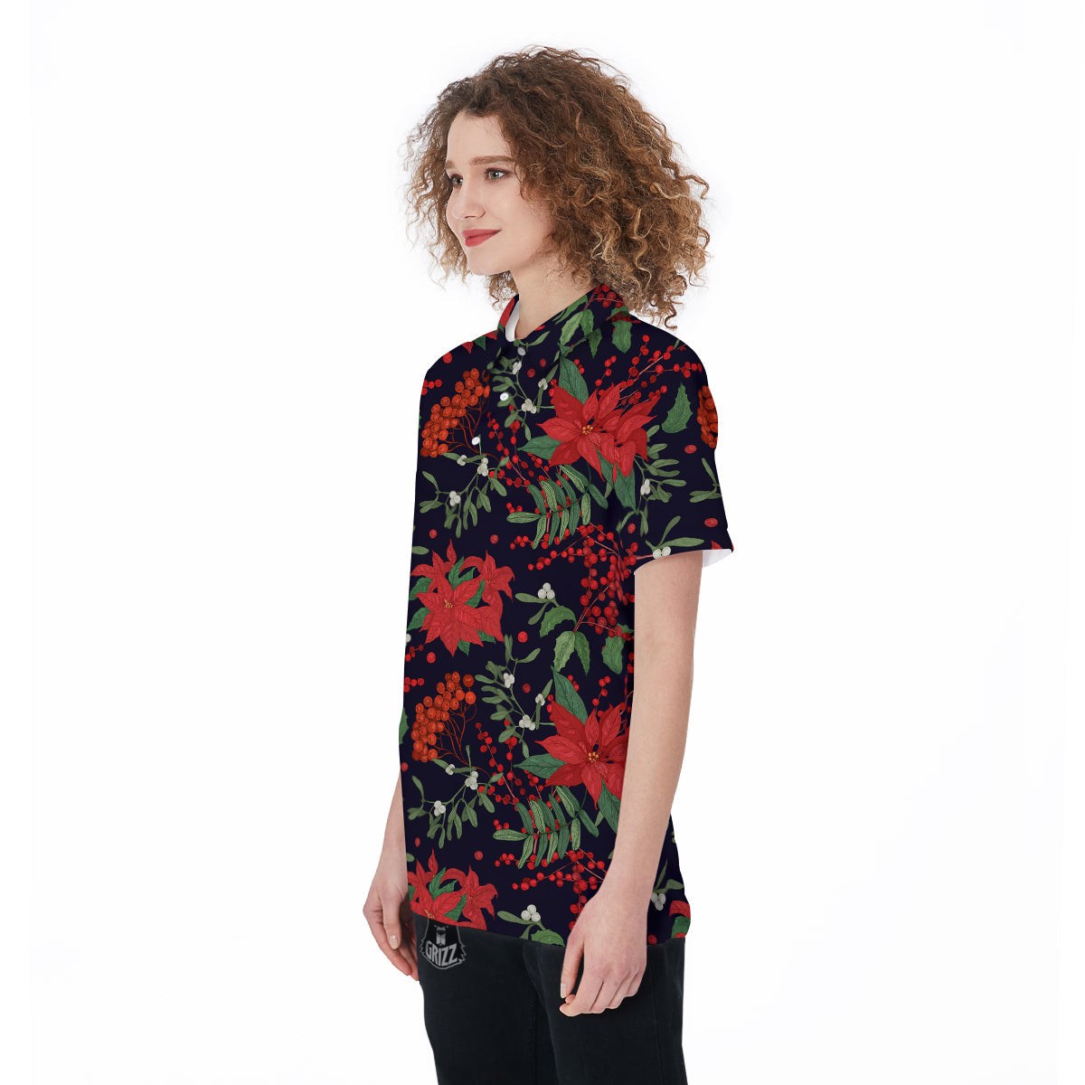 Poinsettia Xmas Print Pattern Women's Golf Shirts-grizzshop