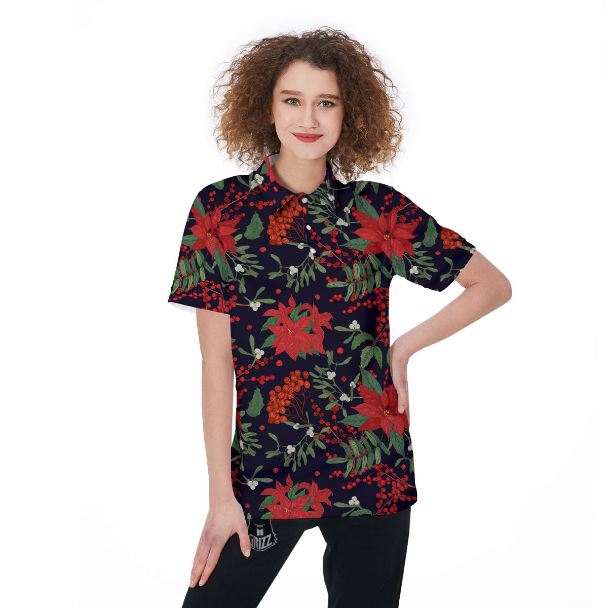 Poinsettia Xmas Print Pattern Women's Golf Shirts-grizzshop