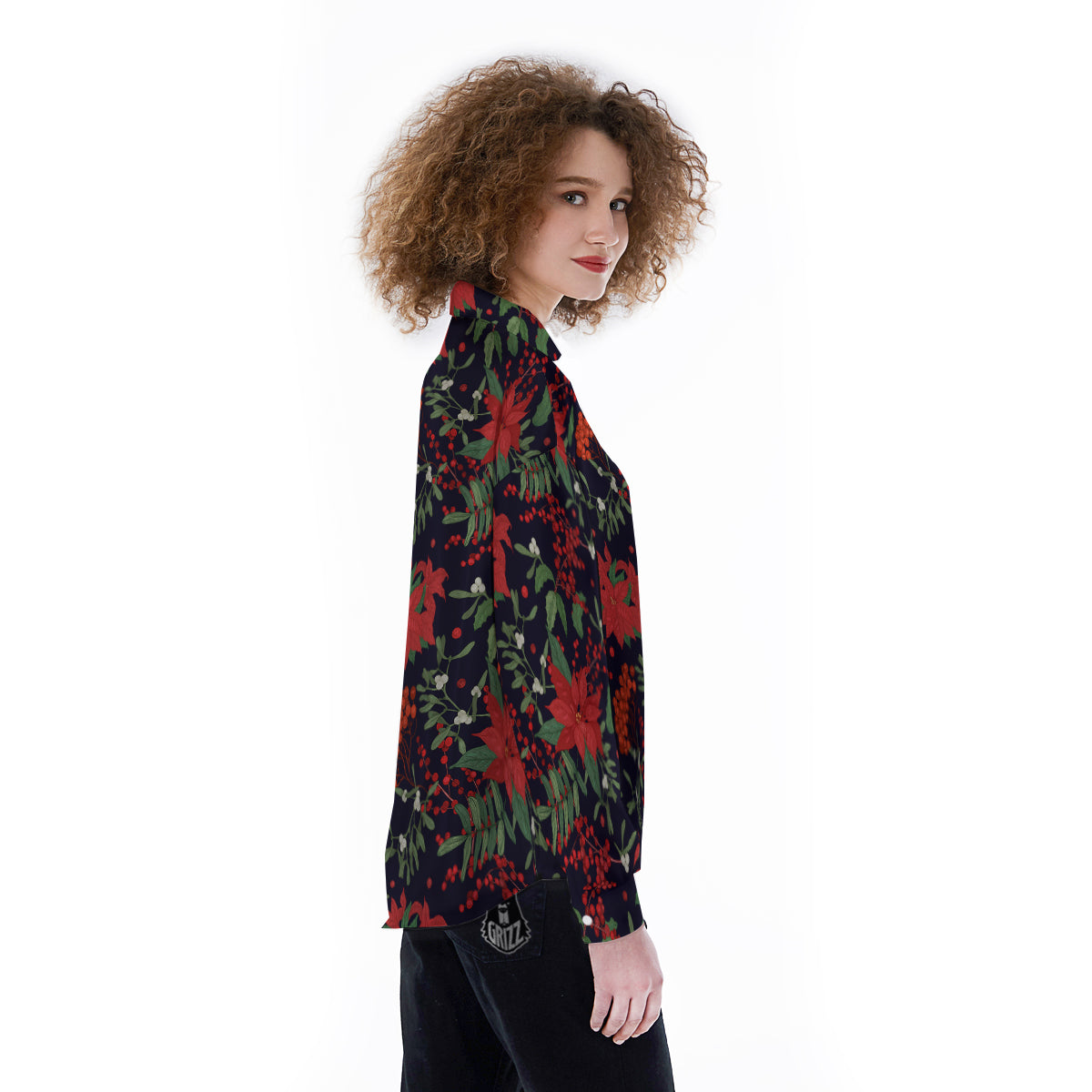 Poinsettia Xmas Print Pattern Women's Long Sleeve Shirts-grizzshop