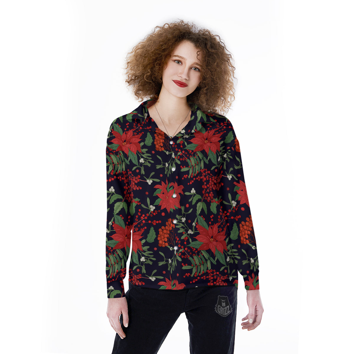 Poinsettia Xmas Print Pattern Women's Long Sleeve Shirts-grizzshop