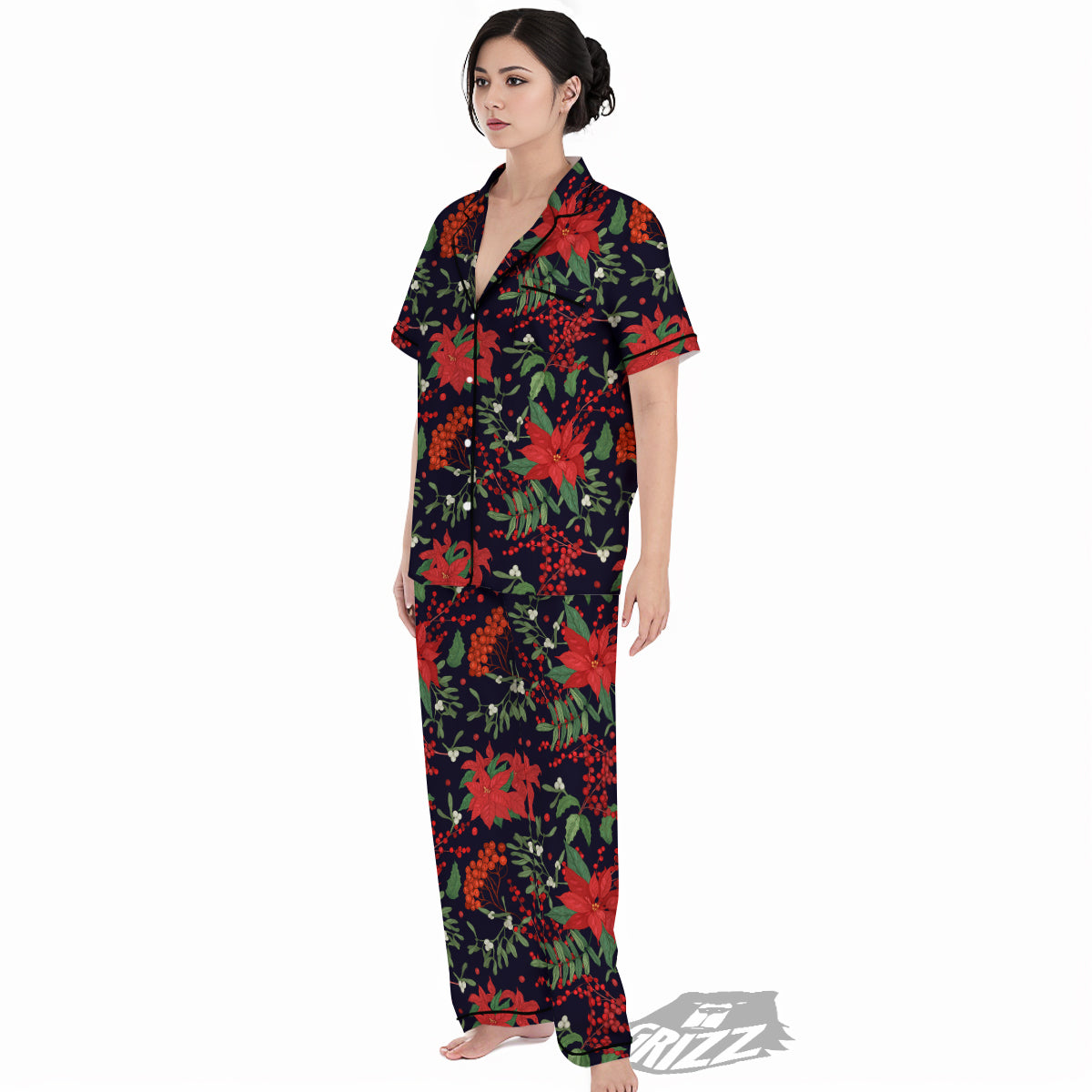 Poinsettia Xmas Print Pattern Women's Pajamas Set-grizzshop