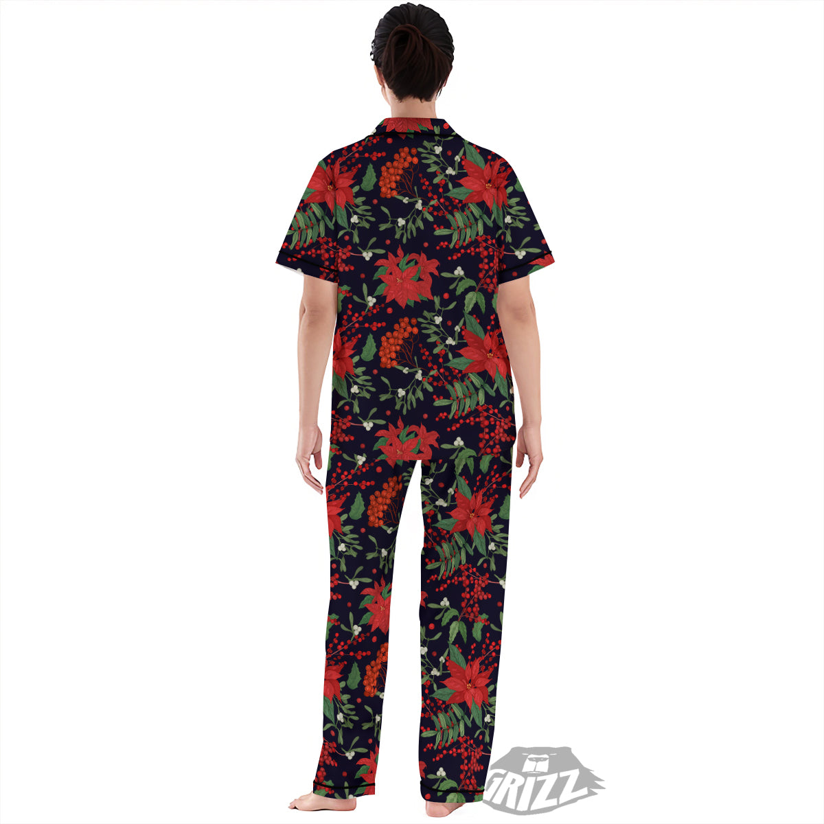 Poinsettia Xmas Print Pattern Women's Pajamas Set-grizzshop