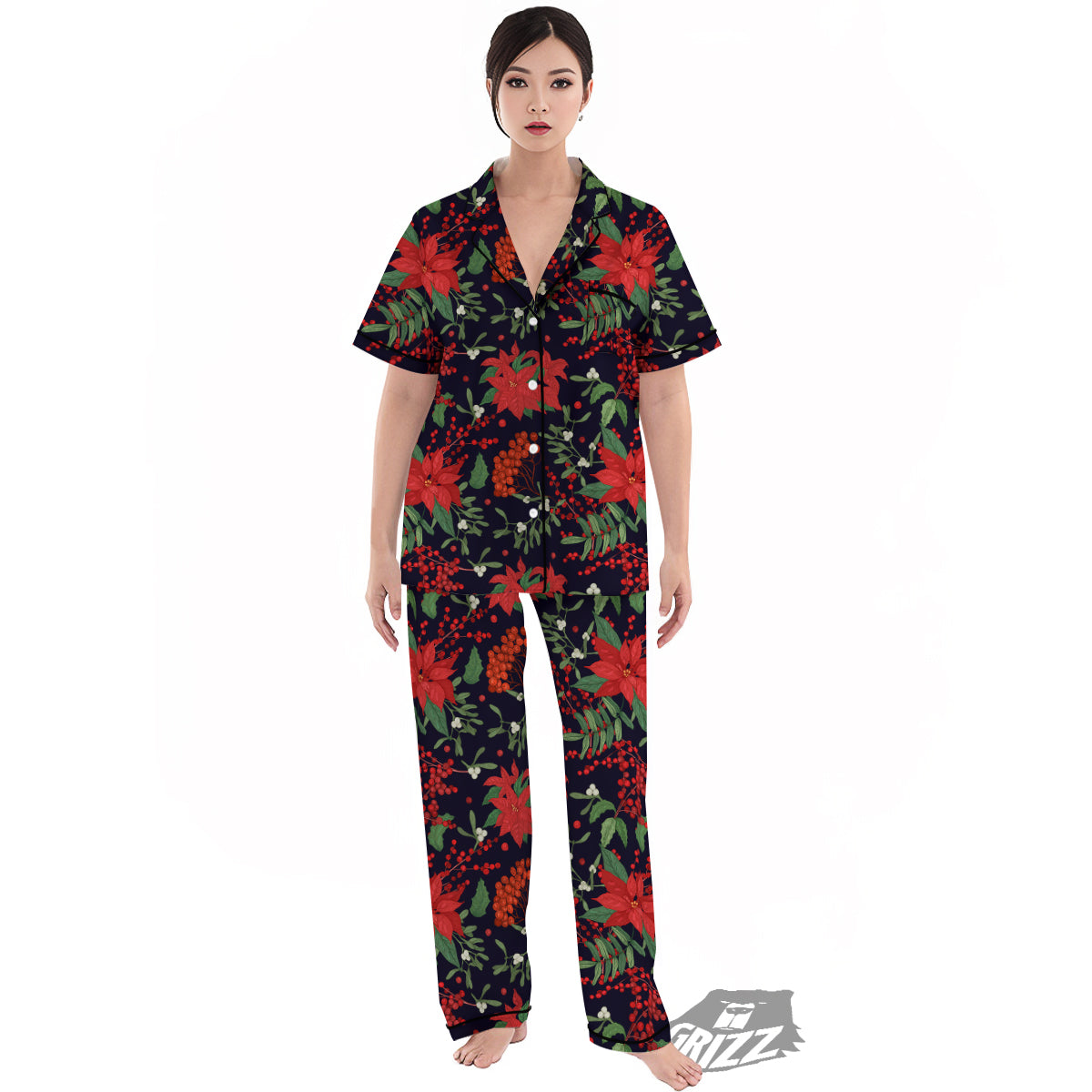 Poinsettia Xmas Print Pattern Women's Pajamas Set-grizzshop