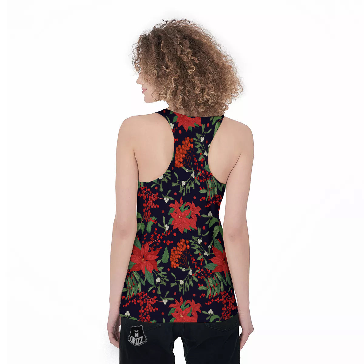 Poinsettia Xmas Print Pattern Women's Racerback Tank Top-grizzshop
