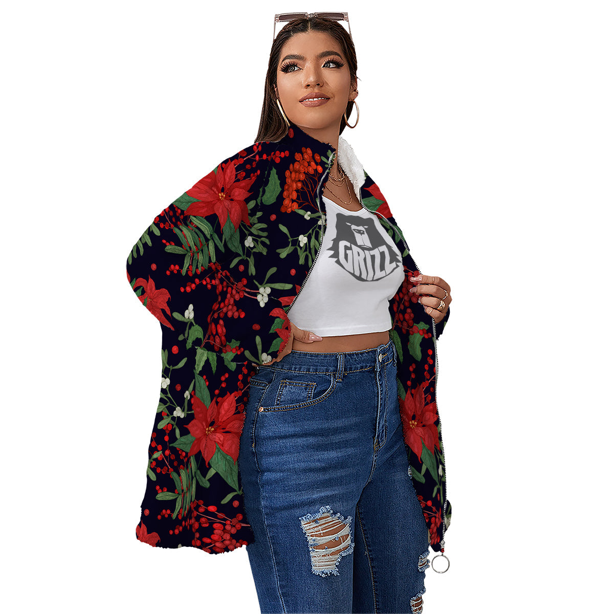 Poinsettia Xmas Print Pattern Women's Sherpa Jacket-grizzshop
