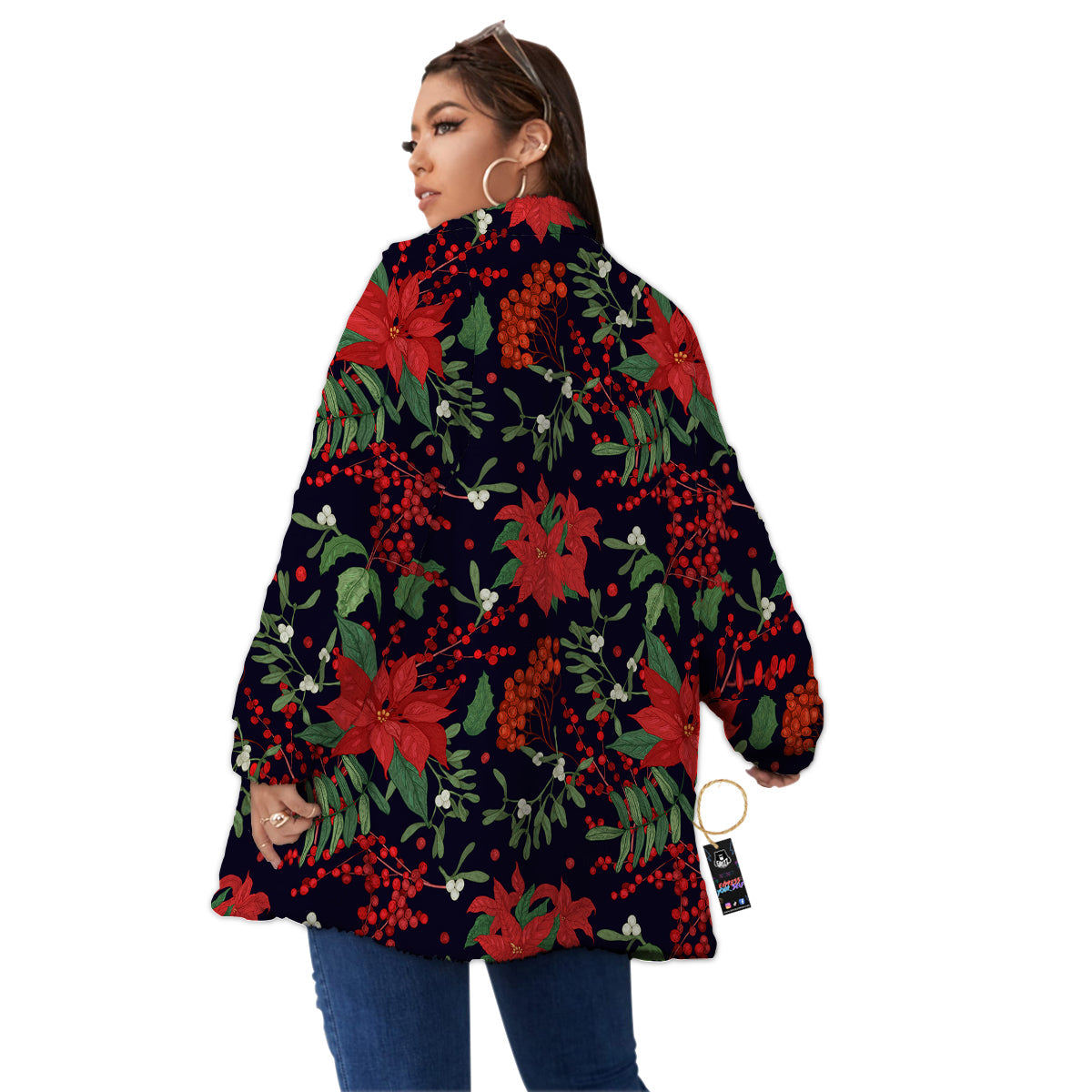 Poinsettia Xmas Print Pattern Women's Sherpa Jacket-grizzshop