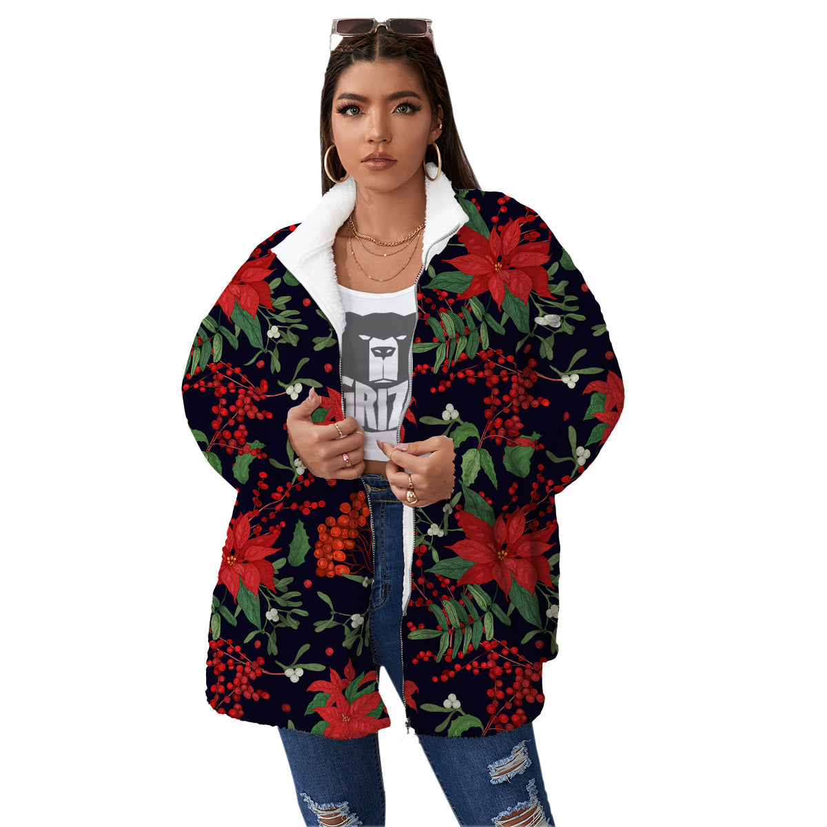 Poinsettia Xmas Print Pattern Women's Sherpa Jacket-grizzshop