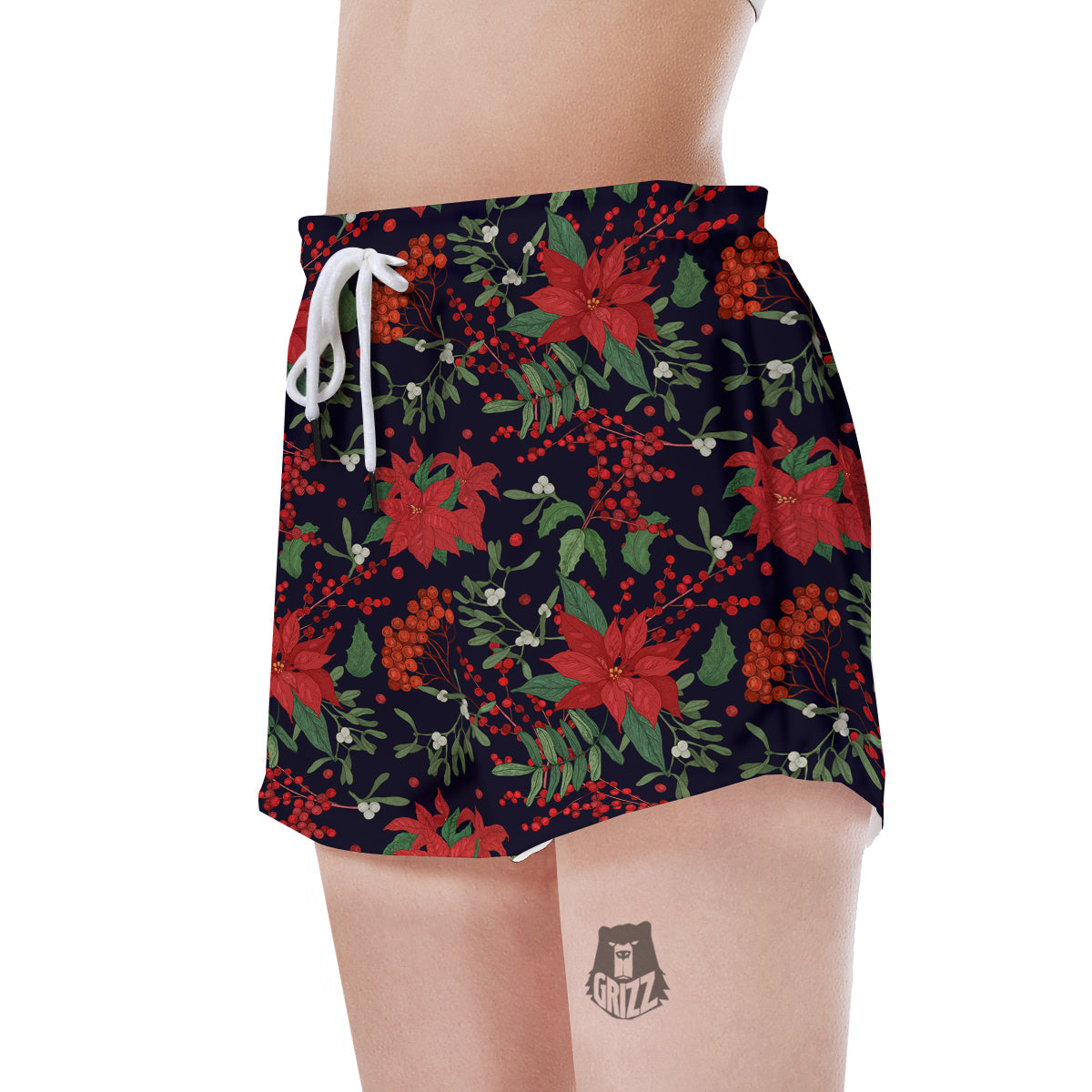 Poinsettia Xmas Print Pattern Women's Shorts-grizzshop