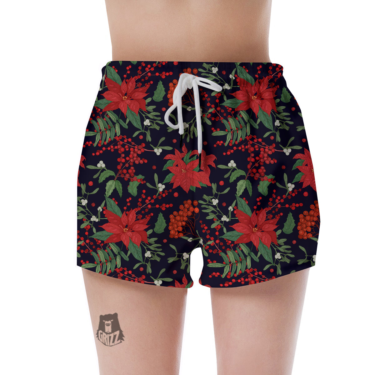 Poinsettia Xmas Print Pattern Women's Shorts-grizzshop