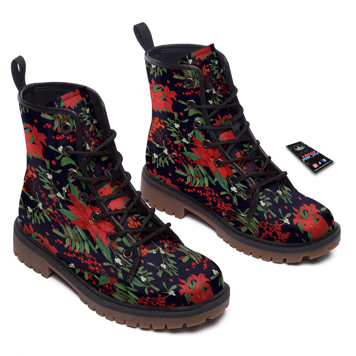 Poinsettia Xmas Print Pattern Work Boots-grizzshop
