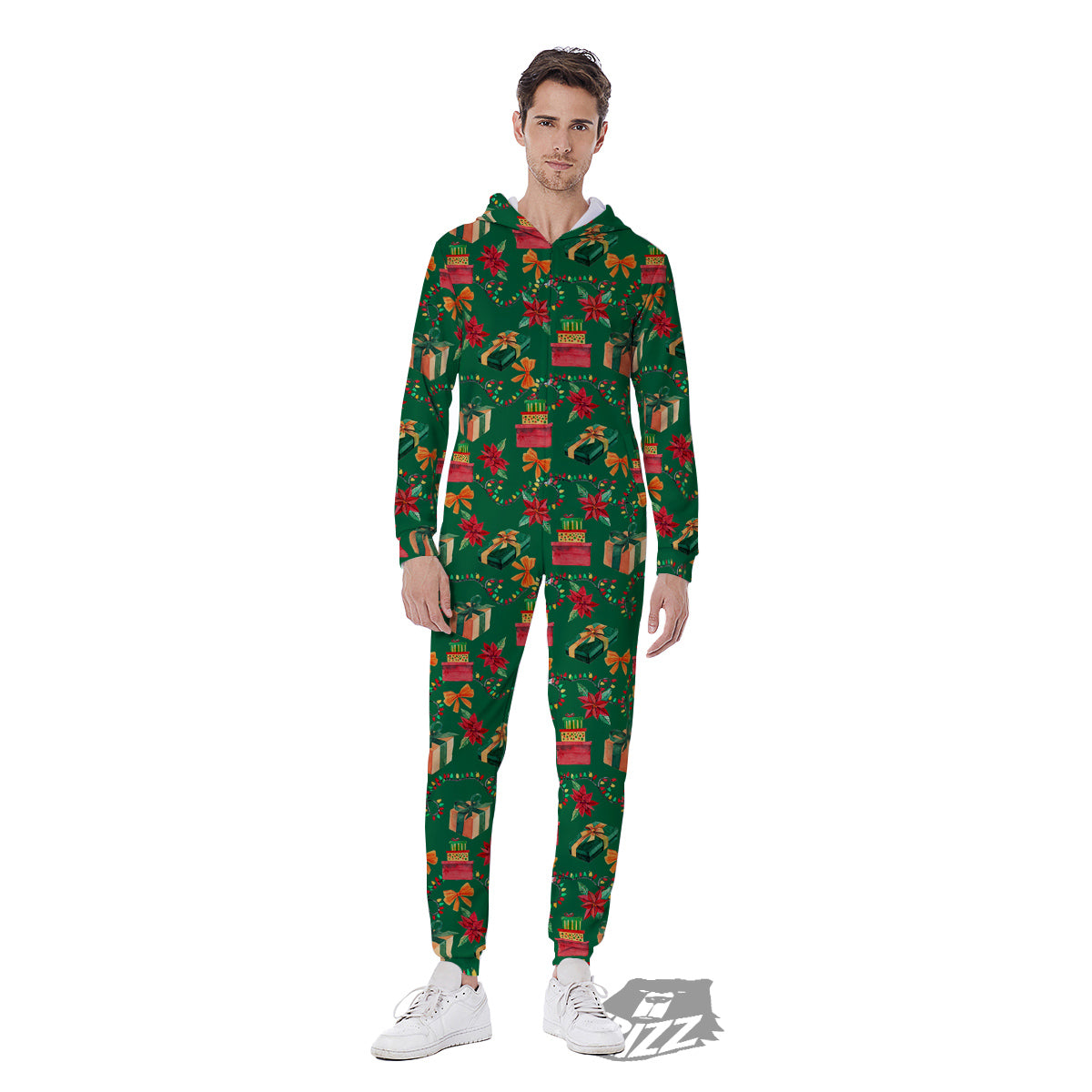 Poinsettia Cute Christmas Print Pattern Men's Jumpsuit-grizzshop