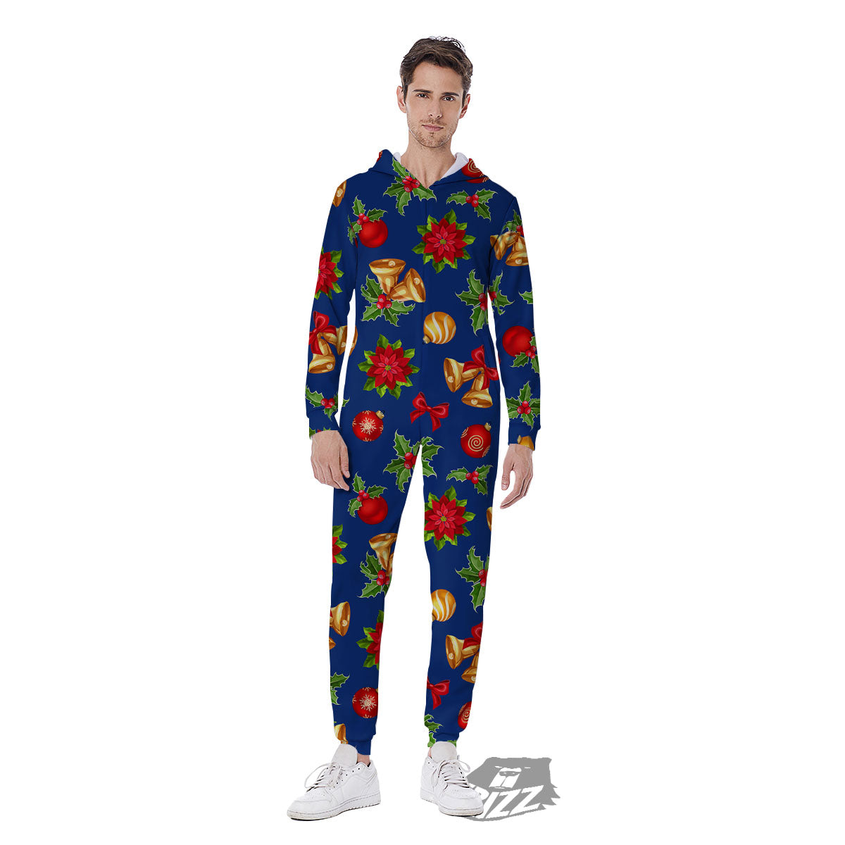 Poinsettia Merry Christmas Print Pattern Men's Jumpsuit-grizzshop