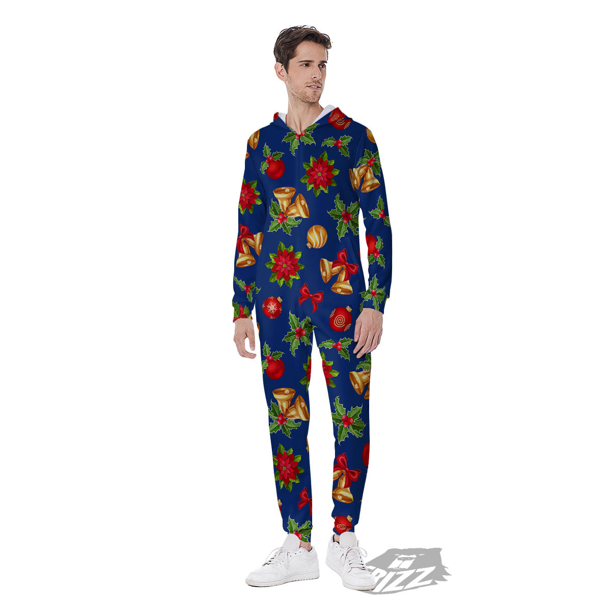 Poinsettia Merry Christmas Print Pattern Men's Jumpsuit-grizzshop