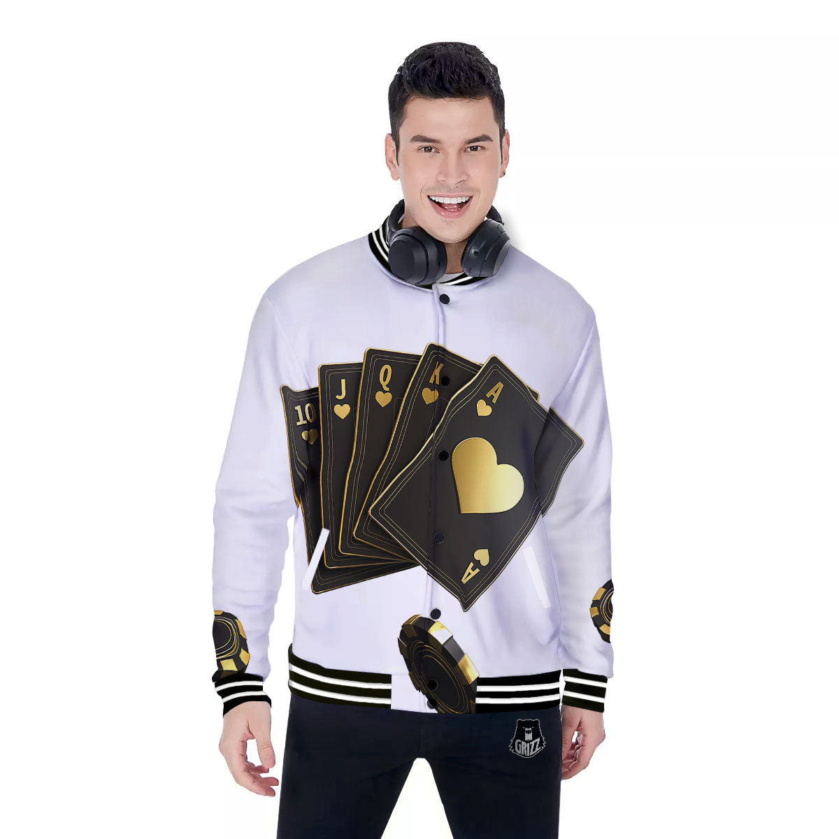 Poker Cards Print Baseball Jacket-grizzshop
