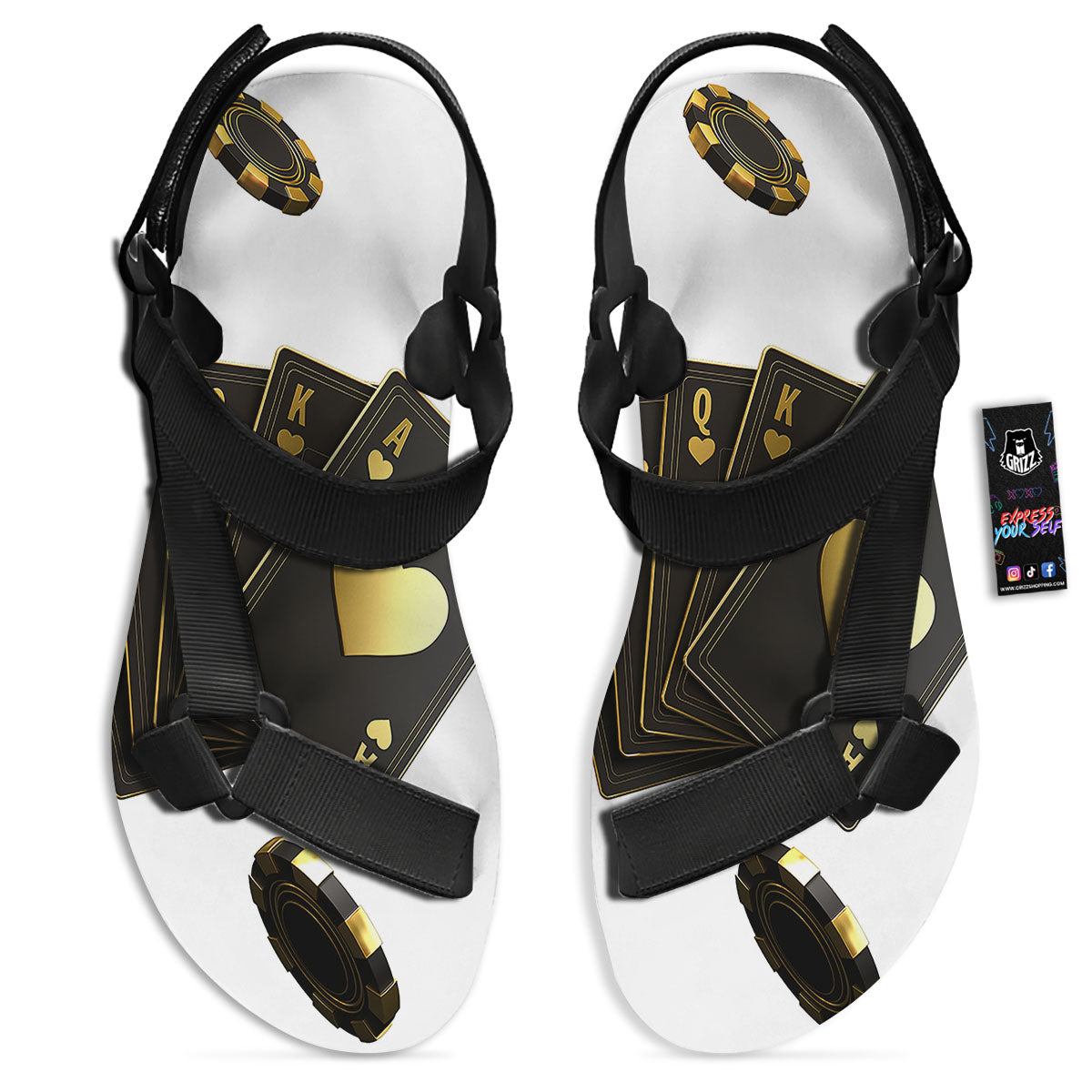 Poker Cards Print Black Open Toe Sandals-grizzshop