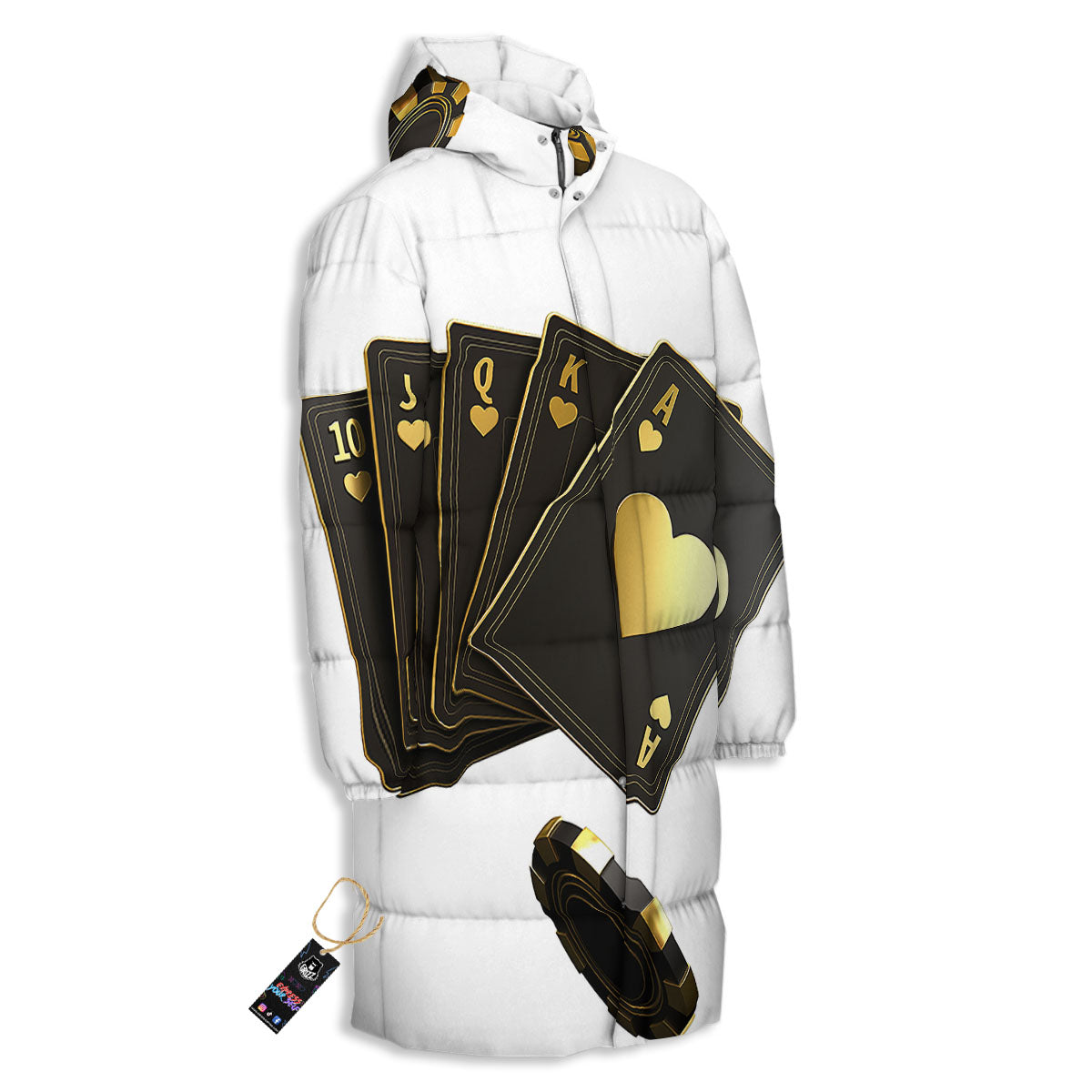 Poker Cards Print Long Down Jacket-grizzshop