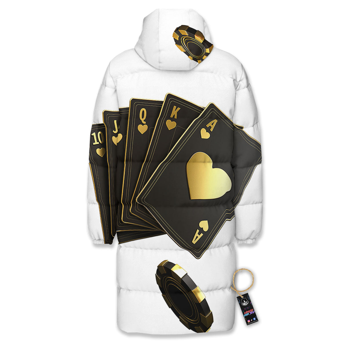 Poker Cards Print Long Down Jacket-grizzshop