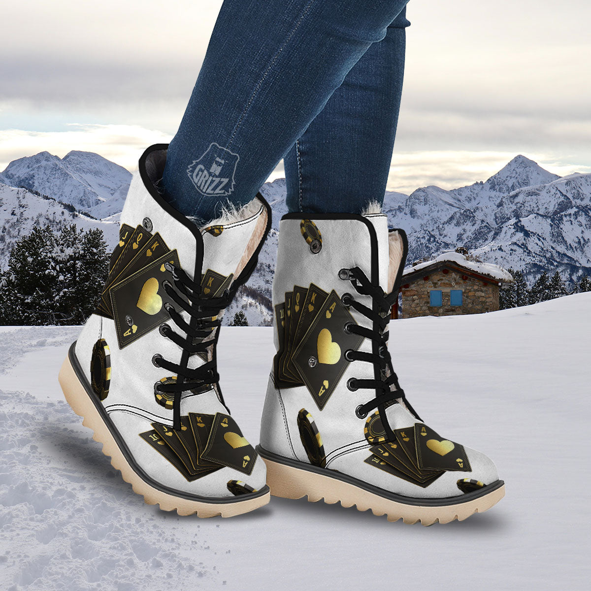 Poker Cards Print Snow Boots-grizzshop