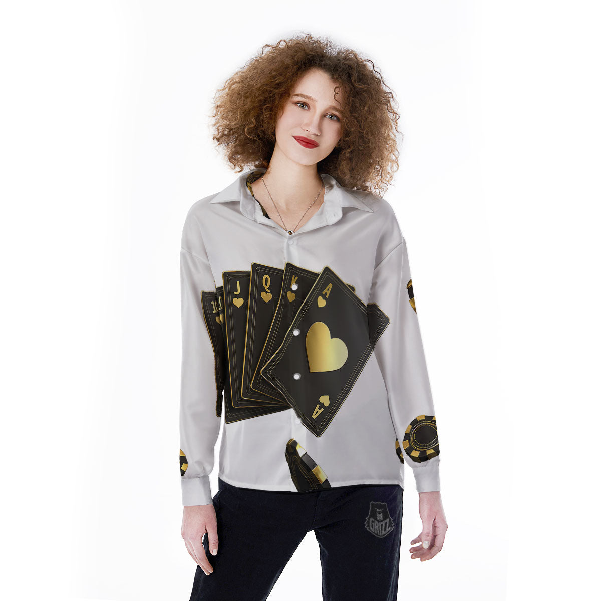 Poker Cards Print Women's Long Sleeve Shirts-grizzshop