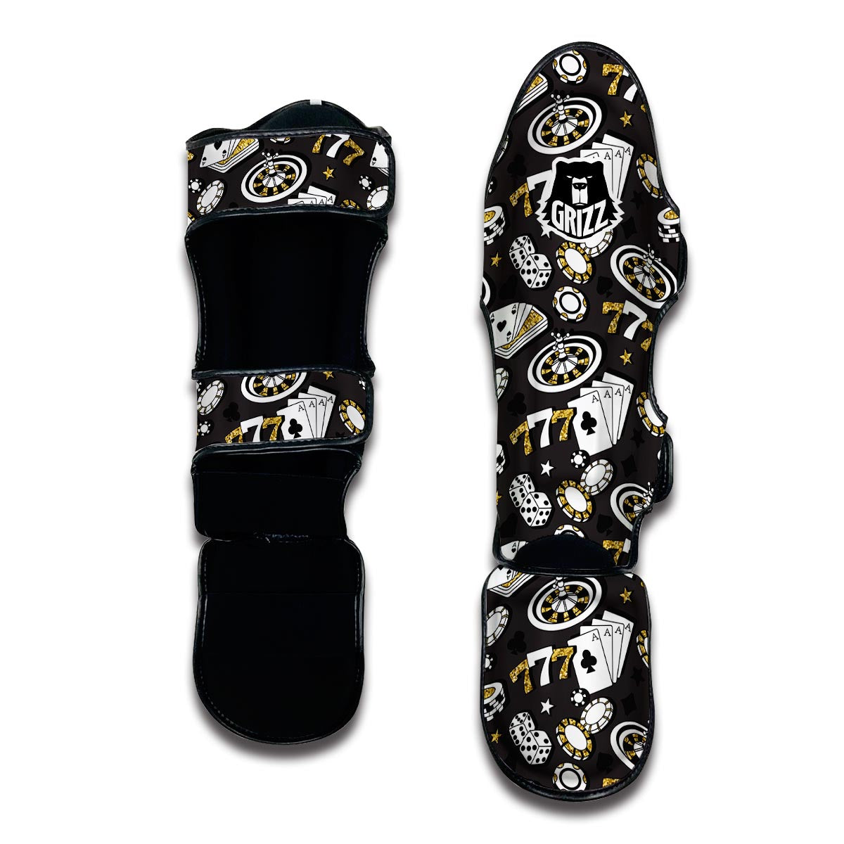 Poker Casino Black Print Pattern Muay Thai Shin Guards-grizzshop