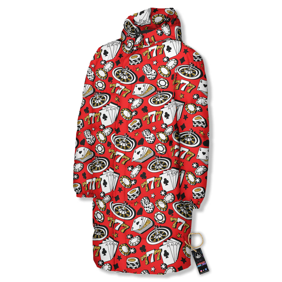 Poker Casino Print Pattern Long Down Jacket-grizzshop