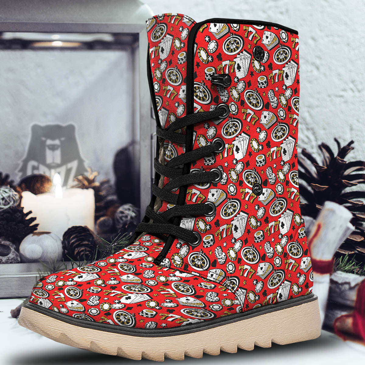 Poker Casino Print Pattern Snow Boots-grizzshop