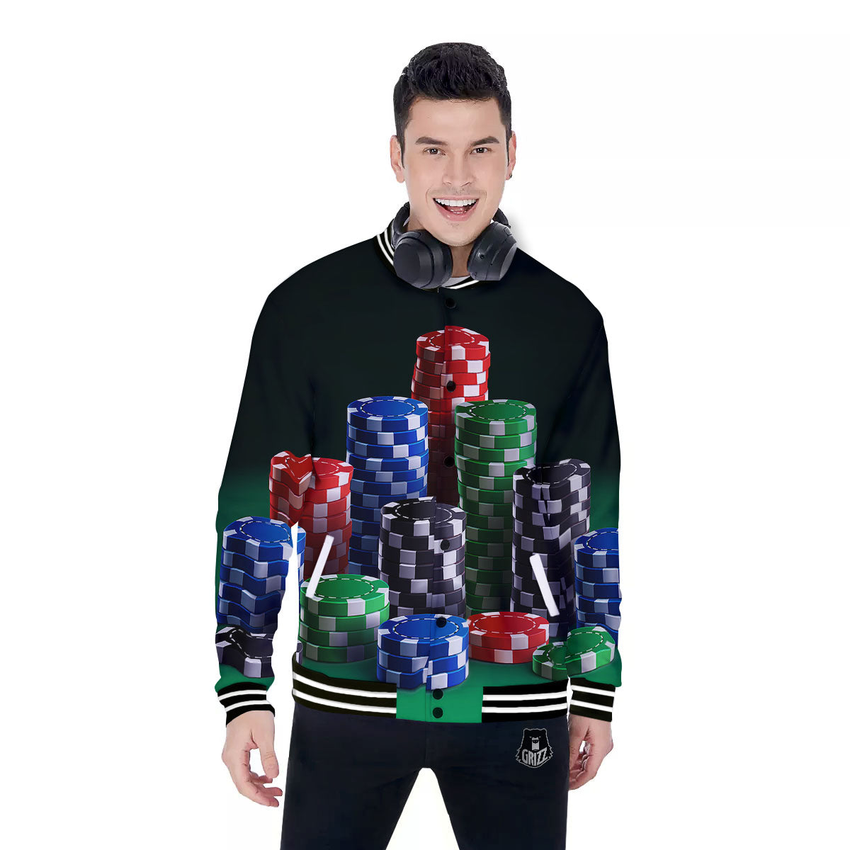 Poker Chips Print Baseball Jacket-grizzshop