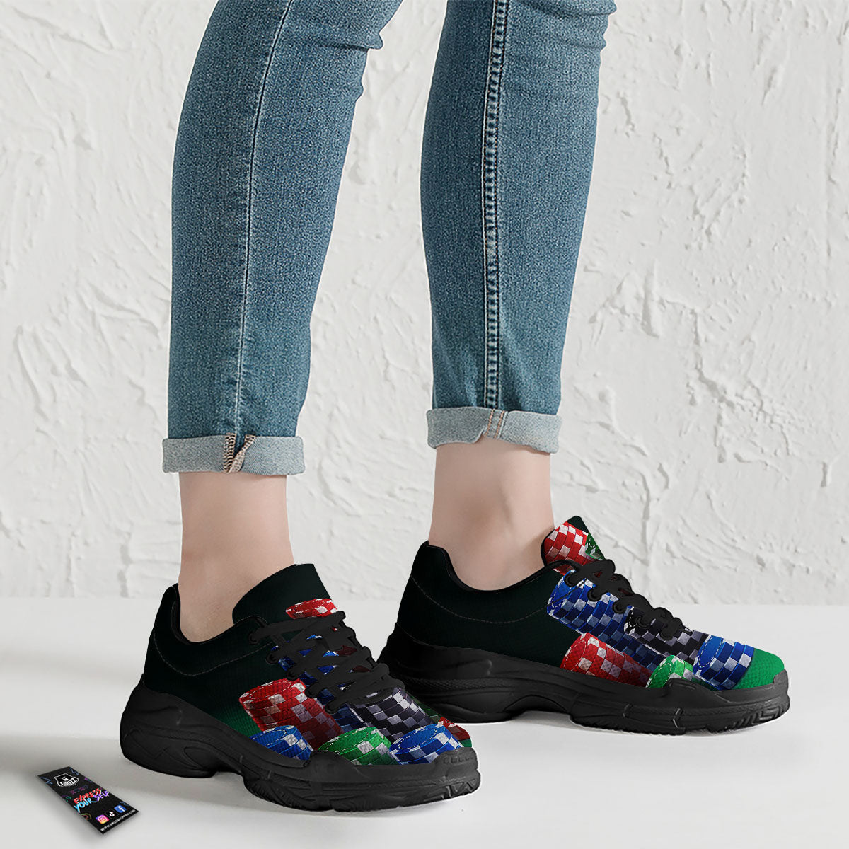 Poker Chips Print Black Chunky Shoes-grizzshop