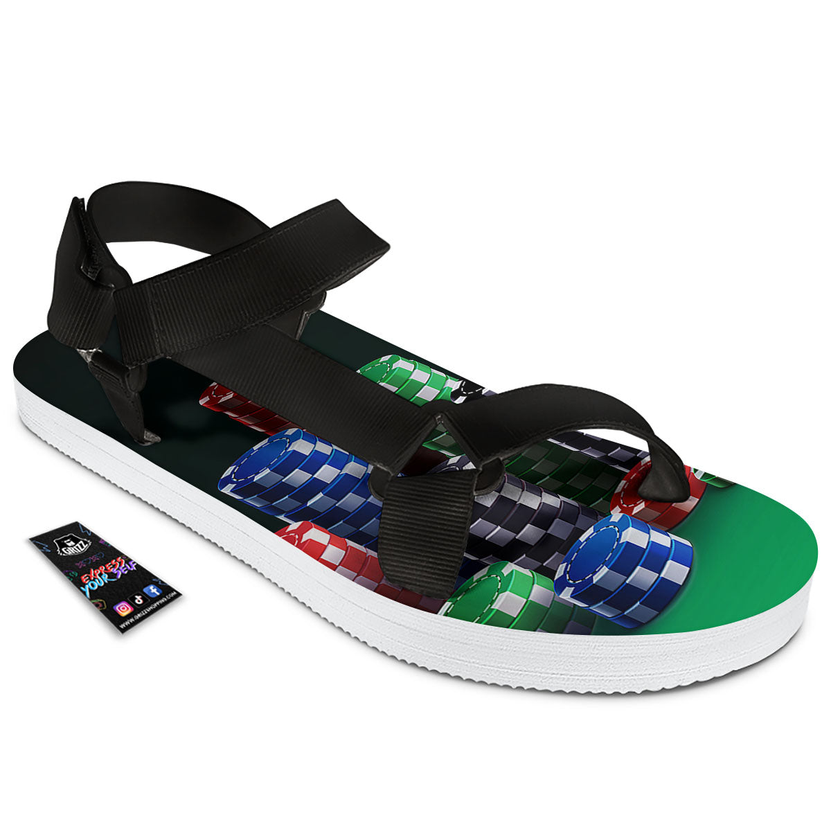 Poker Chips Print Black Open Toe Sandals-grizzshop