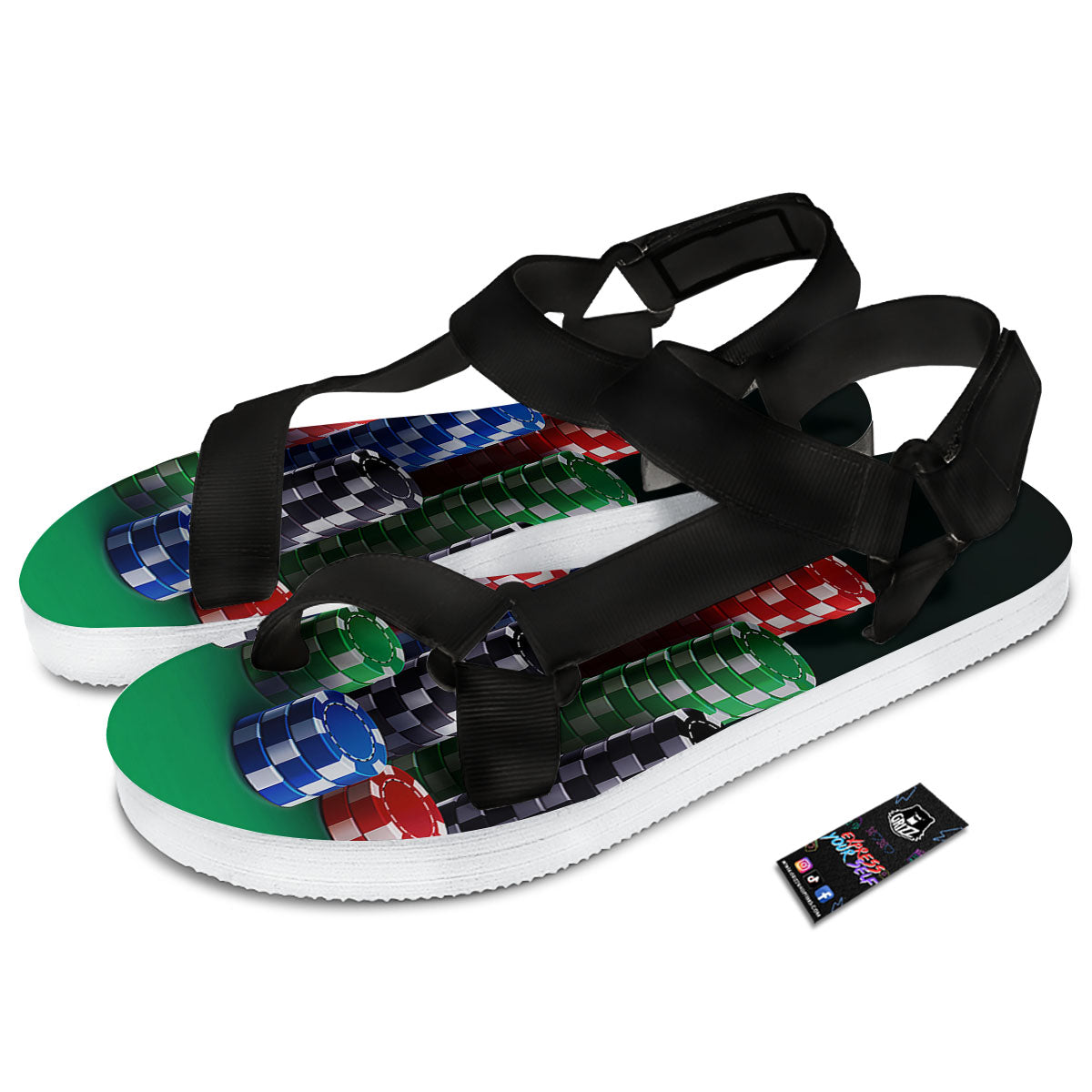 Poker Chips Print Black Open Toe Sandals-grizzshop