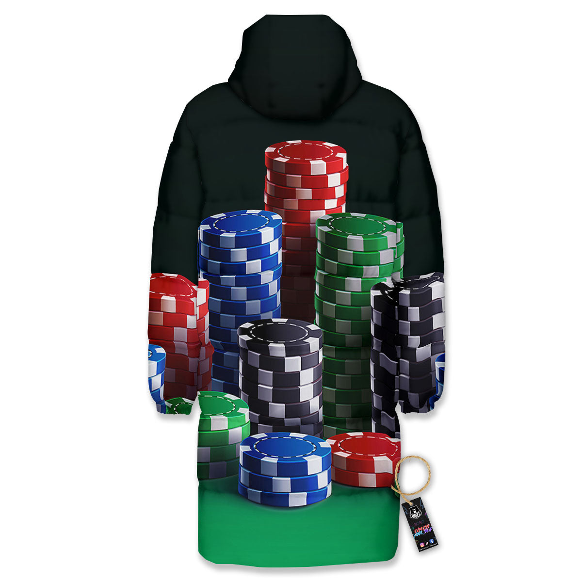 Poker Chips Print Long Down Jacket-grizzshop