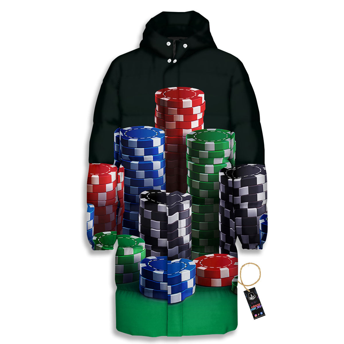 Poker Chips Print Long Down Jacket-grizzshop