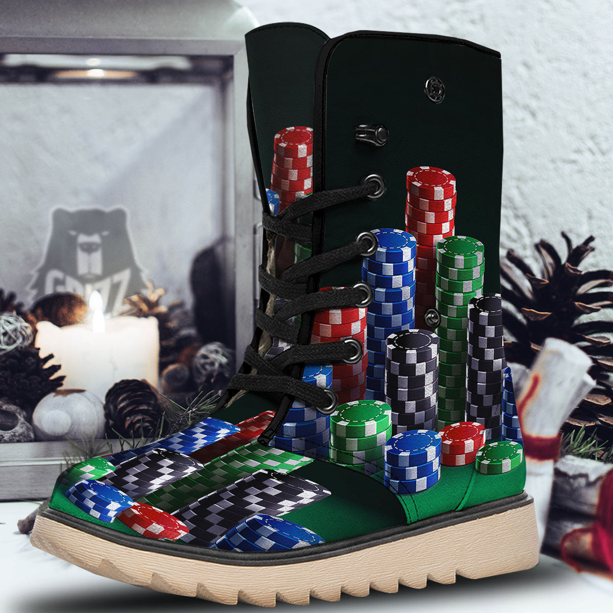 Poker Chips Print Snow Boots-grizzshop