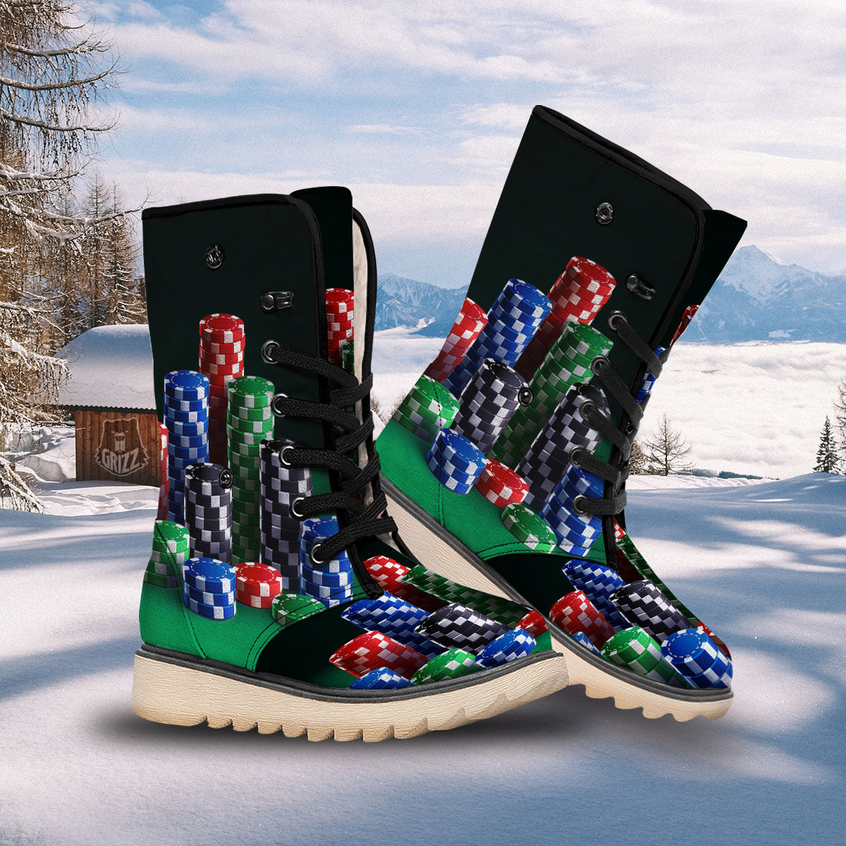 Poker Chips Print Snow Boots-grizzshop