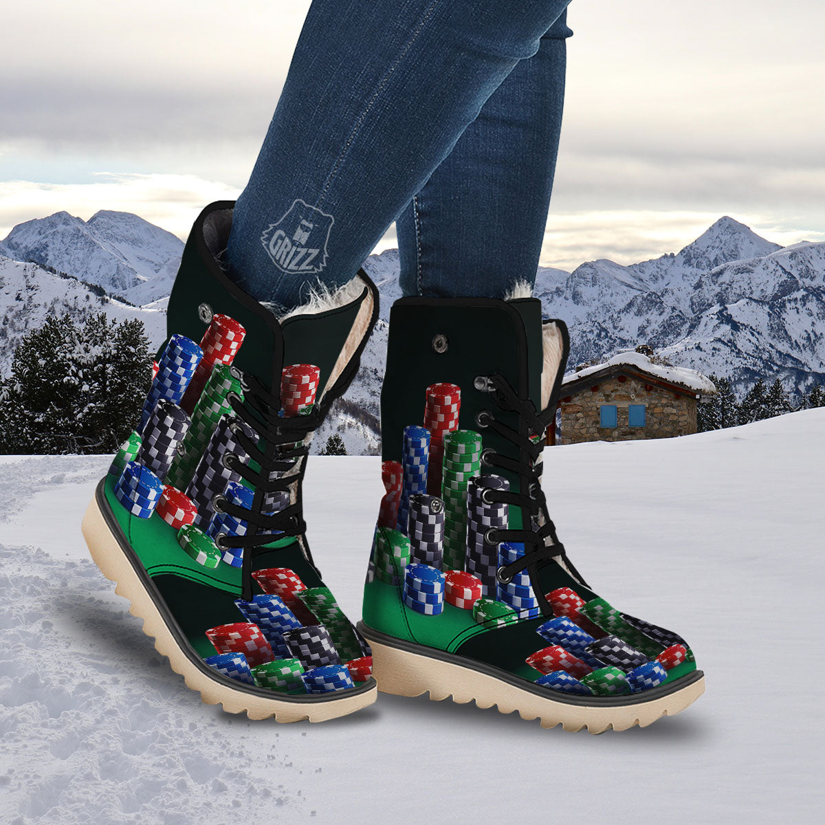 Poker Chips Print Snow Boots-grizzshop