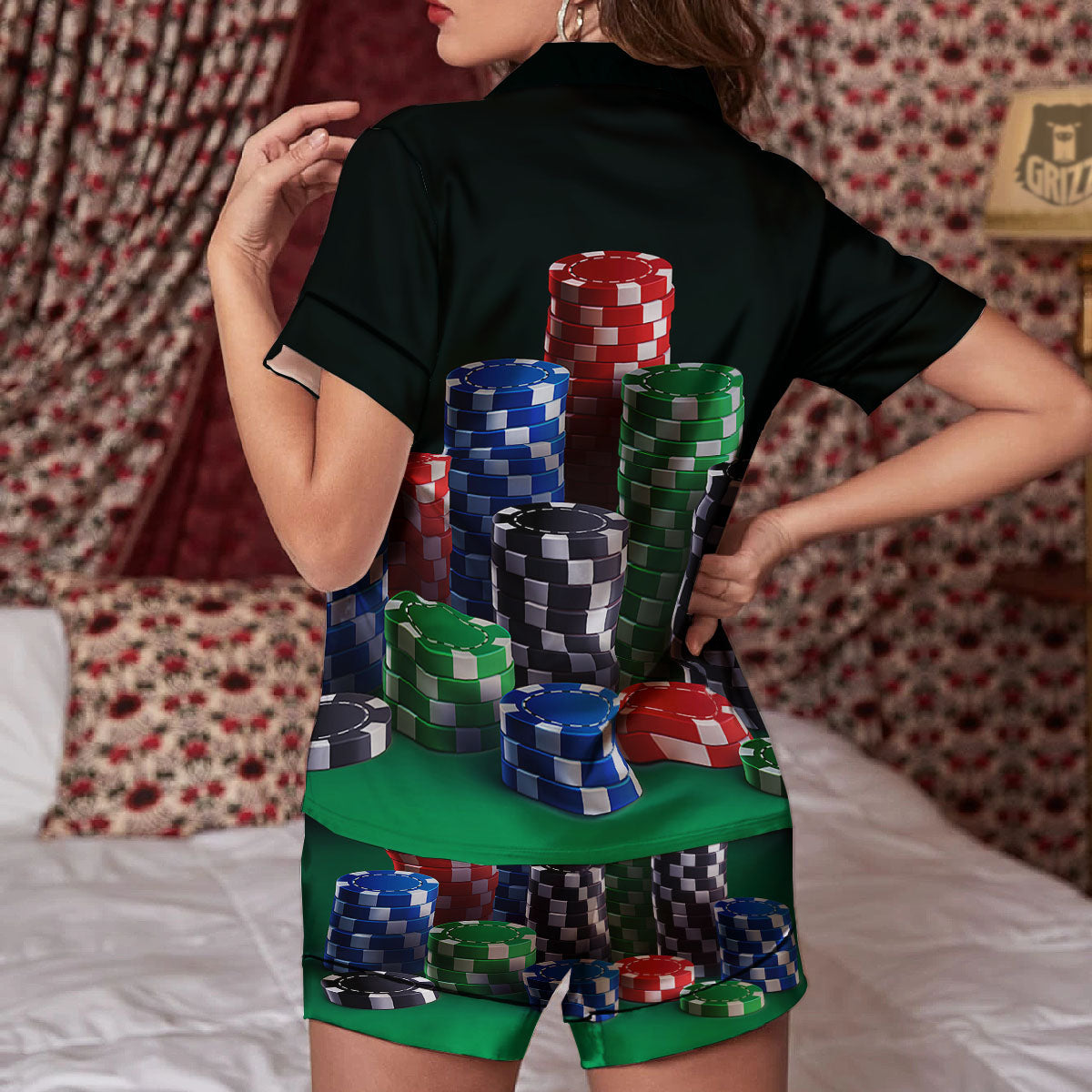 Poker Chips Print Women Silk Pajamas-grizzshop