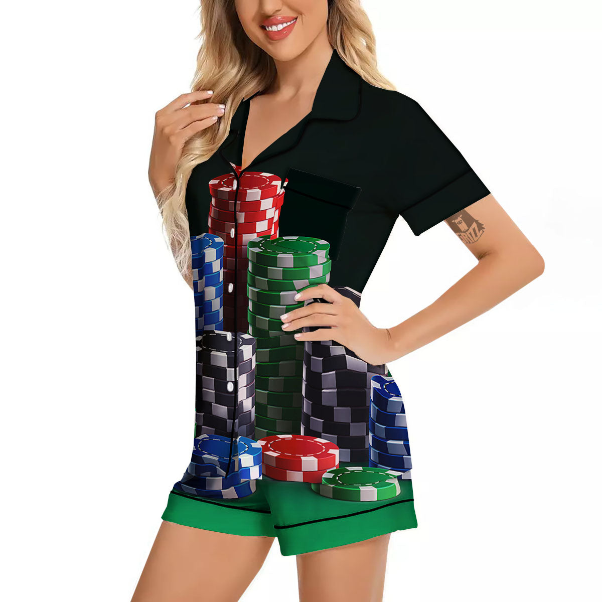 Poker Chips Print Women Silk Pajamas-grizzshop