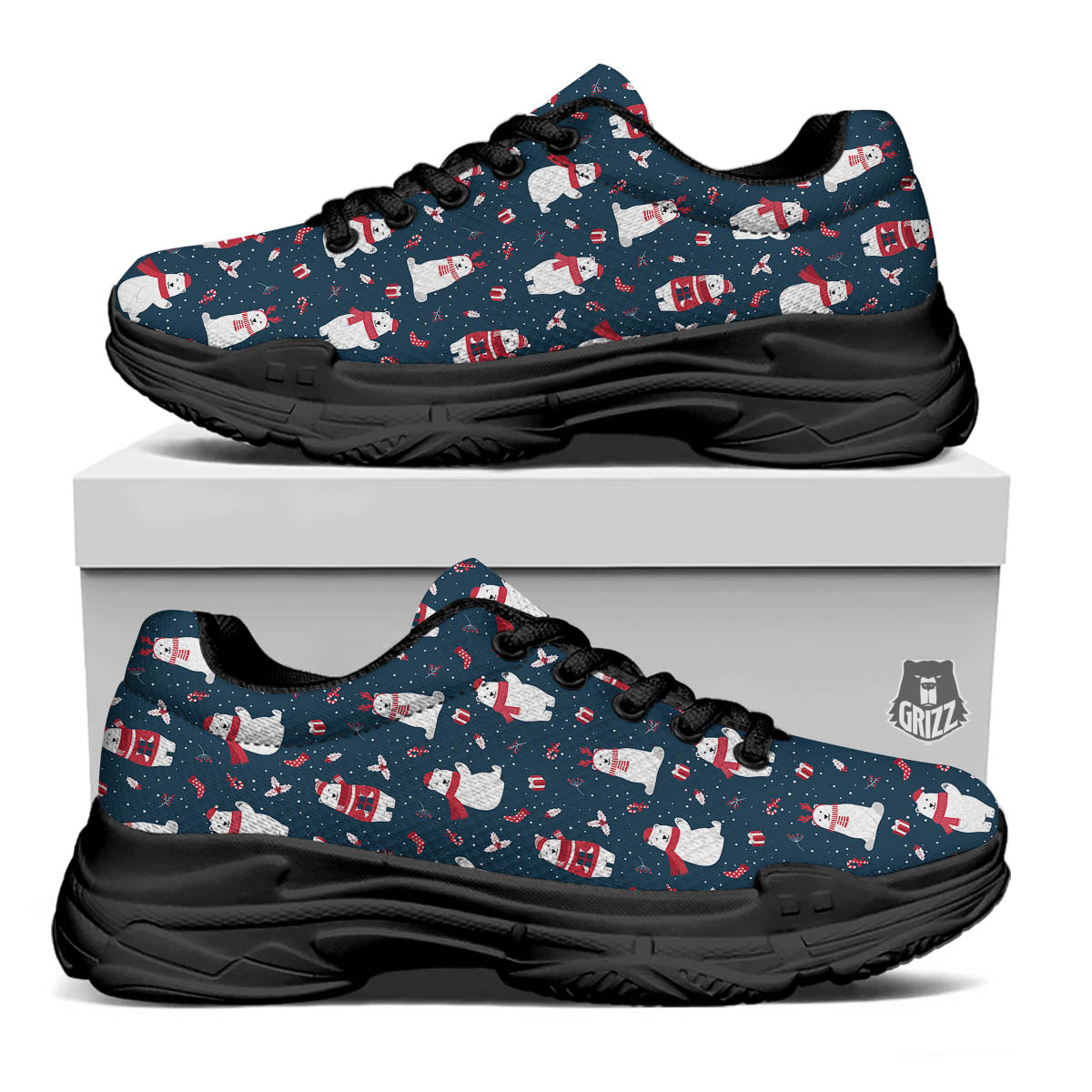 Polar Bear Christmas Print Pattern Black Chunky Shoes-grizzshop