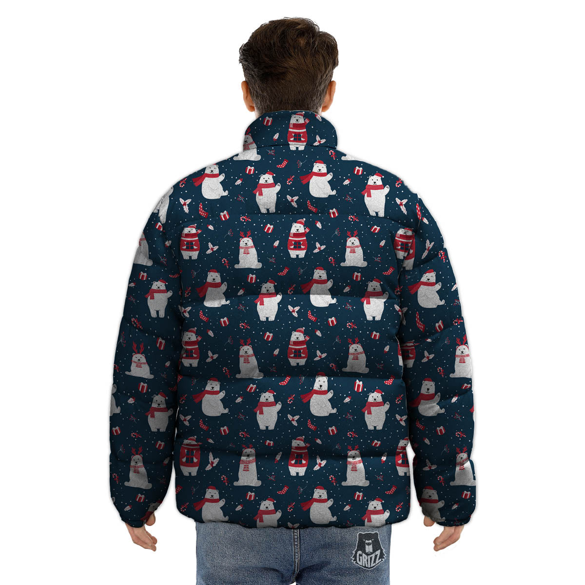 Polar Bear Christmas Print Pattern Puffer Jacket-grizzshop