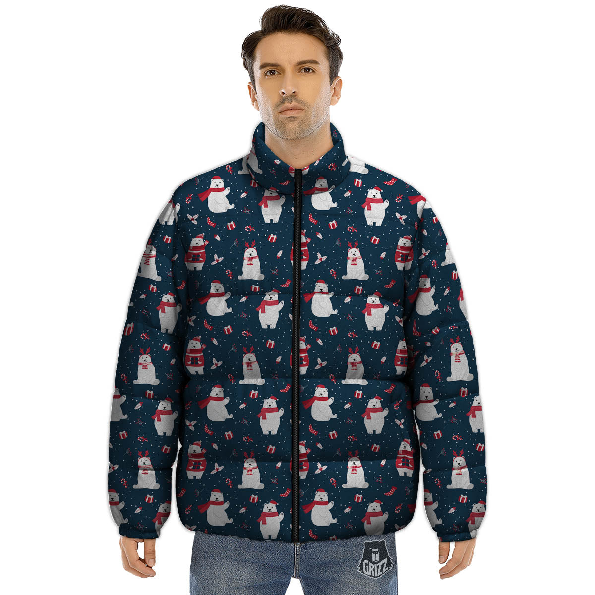 Polar Bear Christmas Print Pattern Puffer Jacket-grizzshop