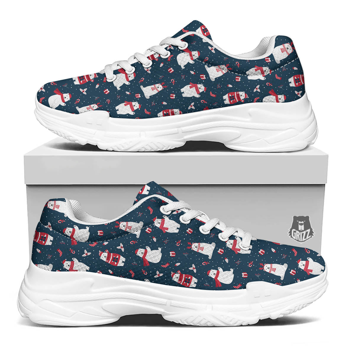 Polar Bear Christmas Print Pattern White Chunky Shoes-grizzshop