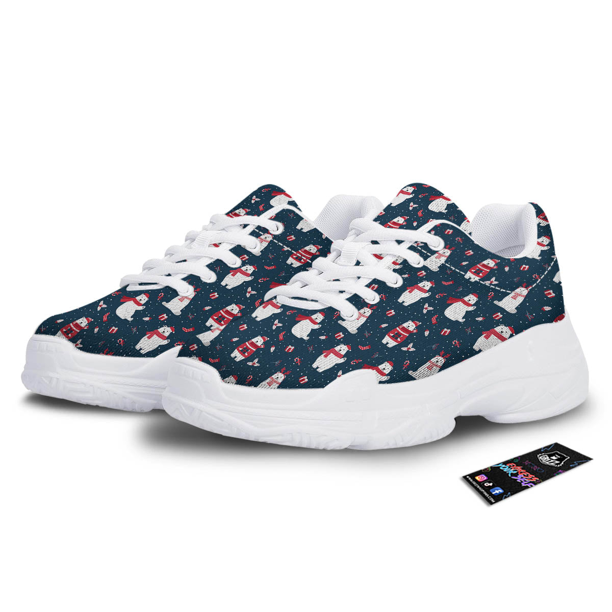 Polar Bear Christmas Print Pattern White Chunky Shoes-grizzshop