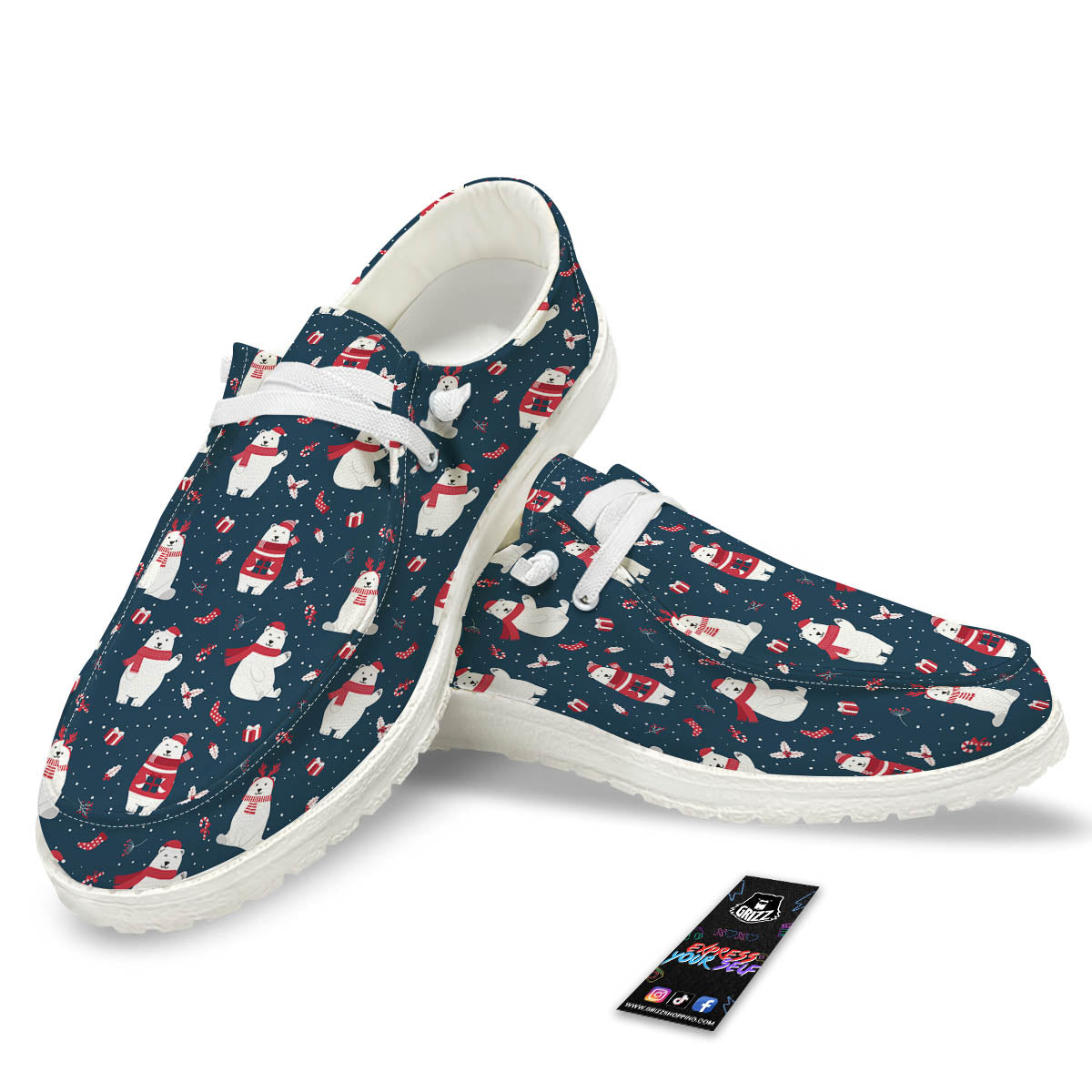 Polar Bear Christmas Print Pattern White Loafers-grizzshop