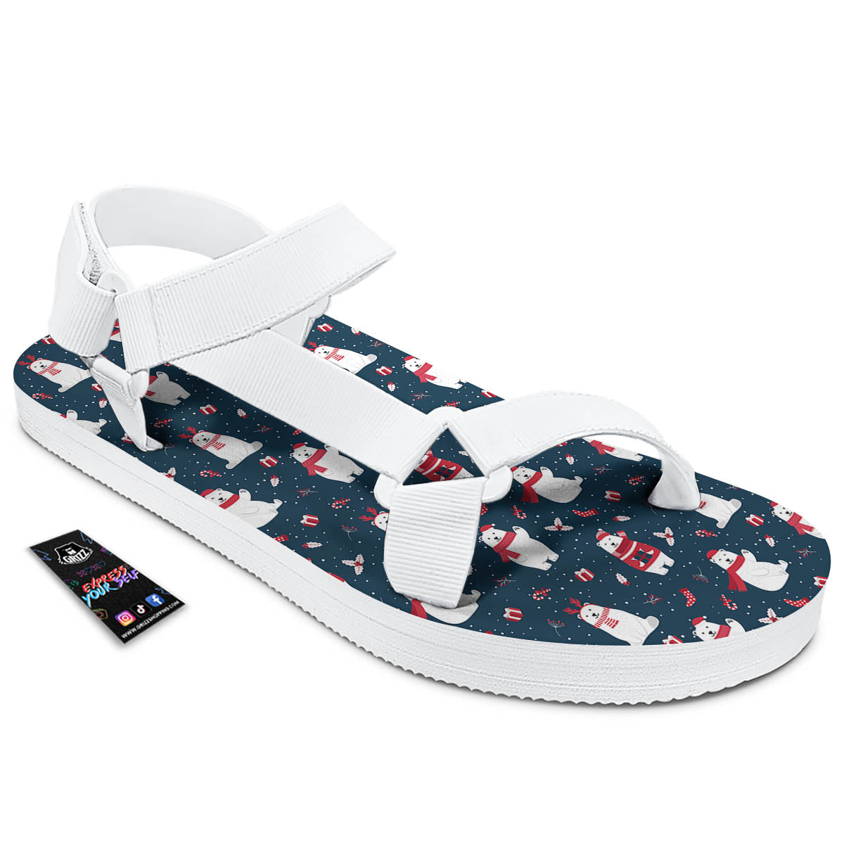 Polar Bear Christmas Print Pattern White Open Toe Sandals-grizzshop
