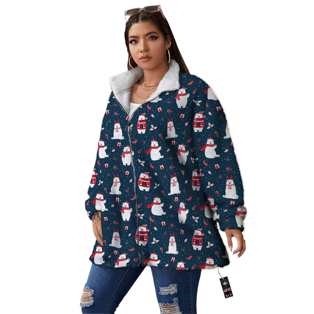 Polar Bear Christmas Print Pattern Women's Sherpa Jacket-grizzshop