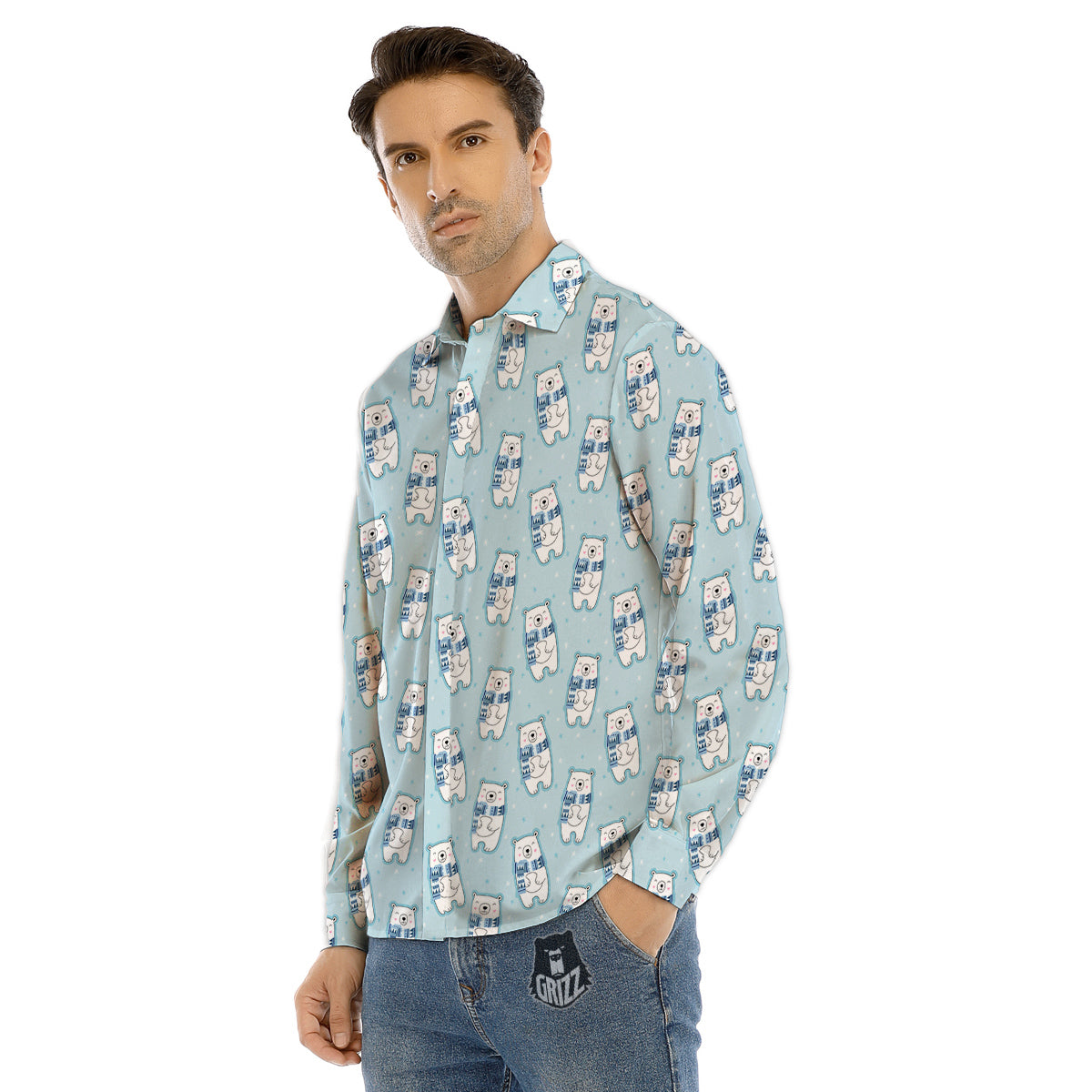 Polar Bear Cute Print Pattern Men's Dress Shirts-grizzshop